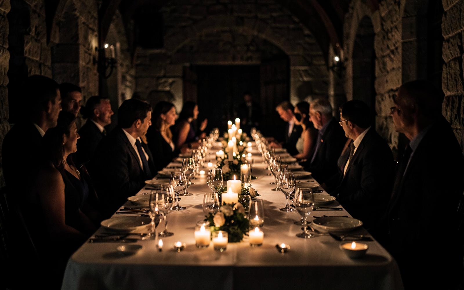 Bespoke event photography — candlelit private dinner photographed in a stone hall