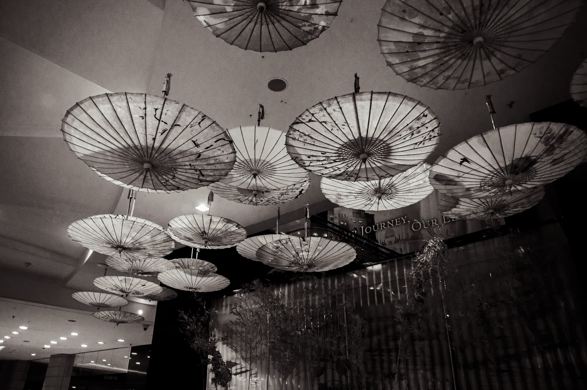 Editorial photography — Life Upside Down personal project, suspended umbrellas in monochrome